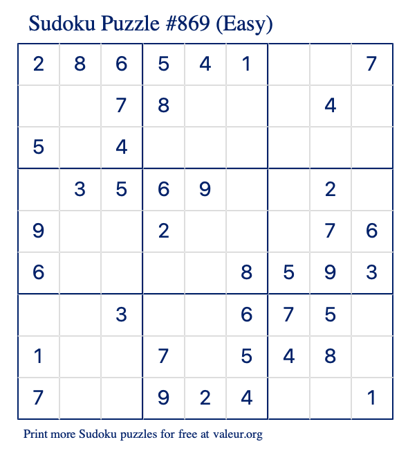 Free Printable Easy Sudoku Puzzle number 869