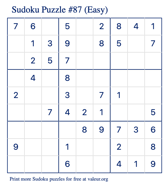 Free Printable Easy Sudoku Puzzle number 87