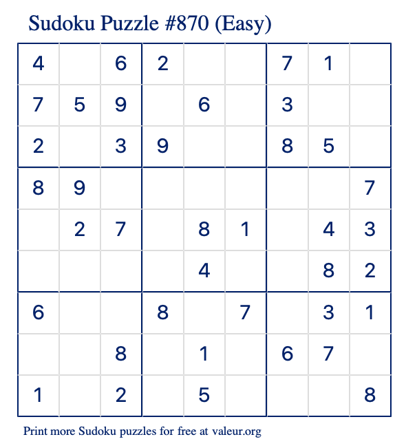 Free Printable Easy Sudoku Puzzle number 870