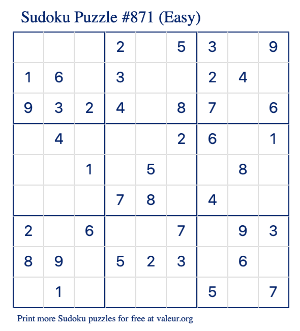 Free Printable Easy Sudoku Puzzle number 871