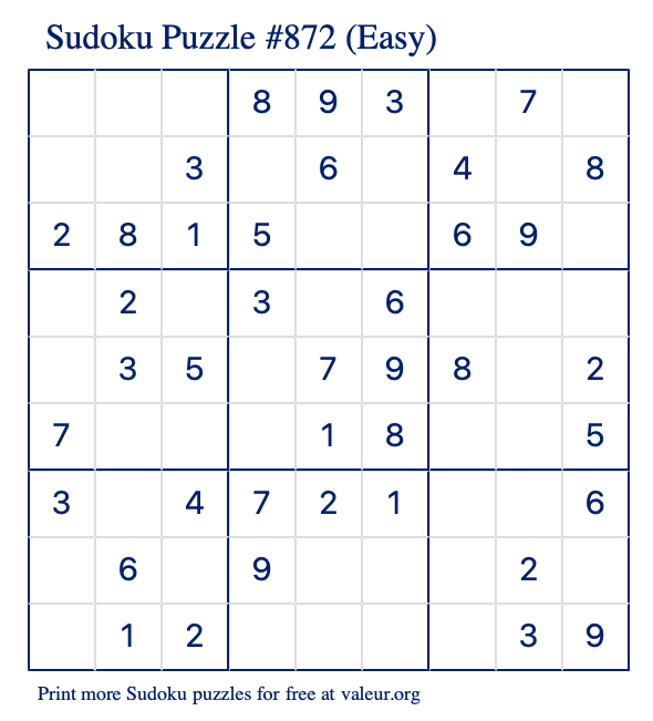 Free Printable Easy Sudoku Puzzle number 872