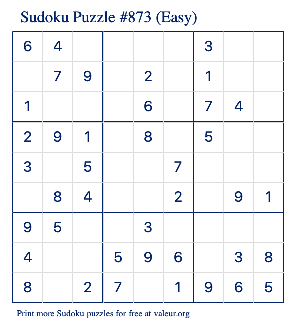 Free Printable Easy Sudoku Puzzle number 873