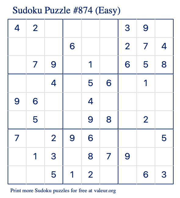 Free Printable Easy Sudoku Puzzle number 874