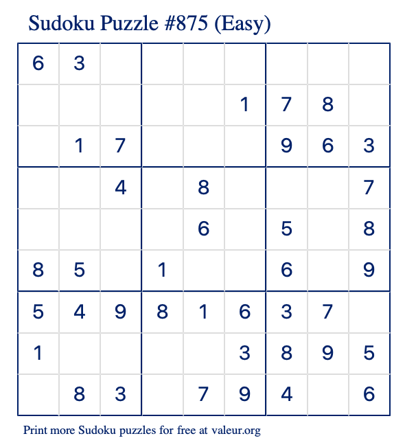 Free Printable Easy Sudoku Puzzle number 875