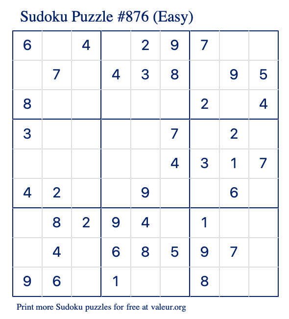 Free Printable Easy Sudoku Puzzle number 876