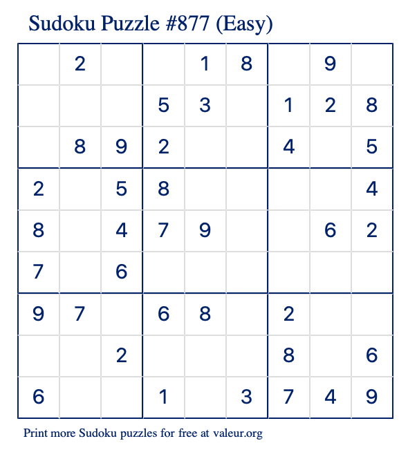 Free Printable Easy Sudoku Puzzle number 877