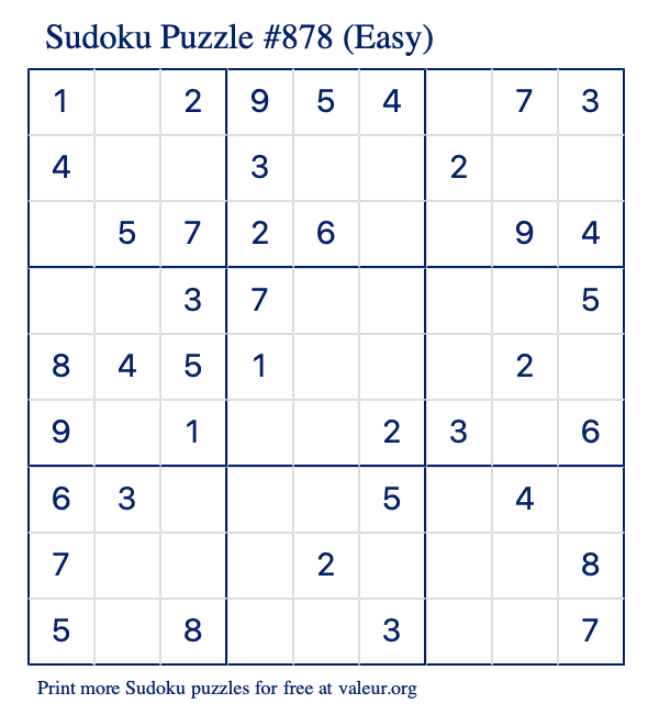 Free Printable Easy Sudoku Puzzle number 878