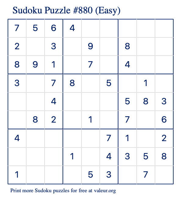 Free Printable Easy Sudoku Puzzle number 880