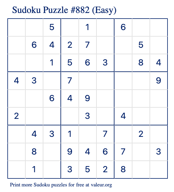 Free Printable Easy Sudoku Puzzle number 882