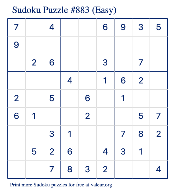 Free Printable Easy Sudoku Puzzle number 883