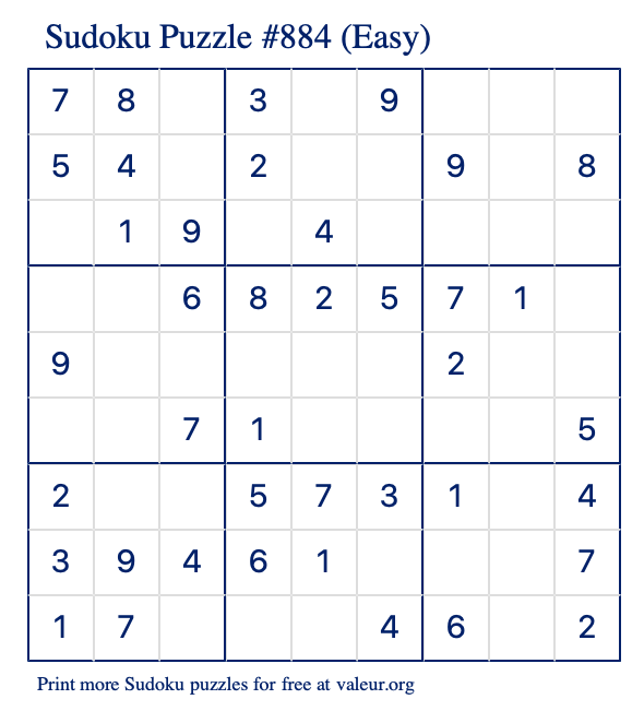 Free Printable Easy Sudoku Puzzle number 884