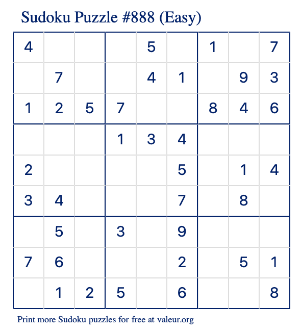 Free Printable Easy Sudoku Puzzle number 888