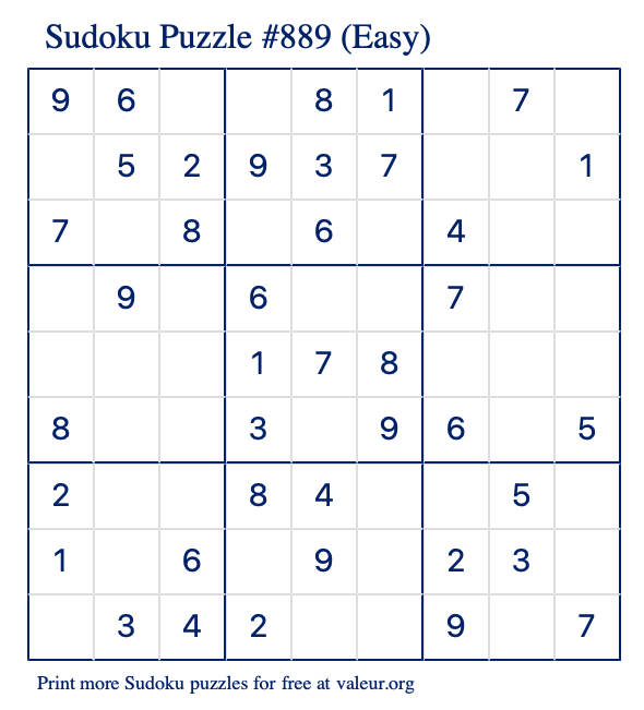 Free Printable Easy Sudoku Puzzle number 889