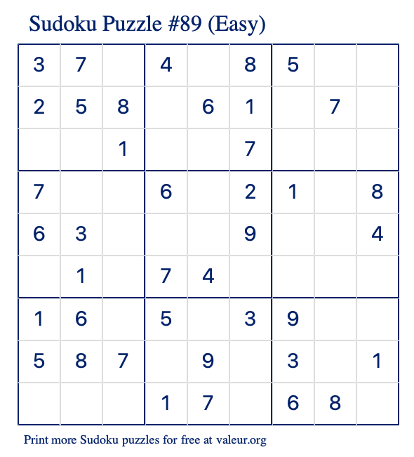 Free Printable Easy Sudoku Puzzle number 89