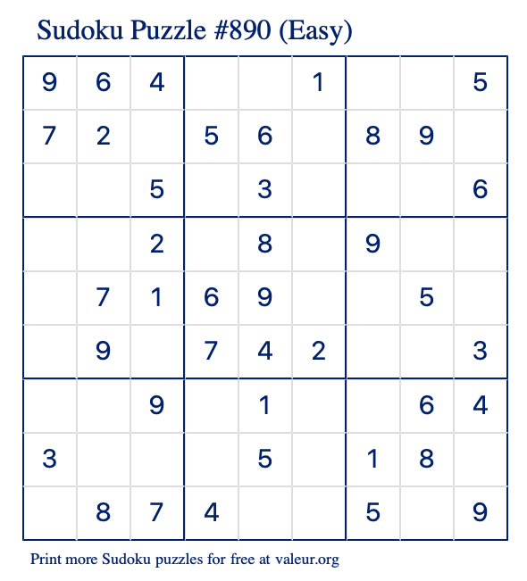 Free Printable Easy Sudoku Puzzle number 890