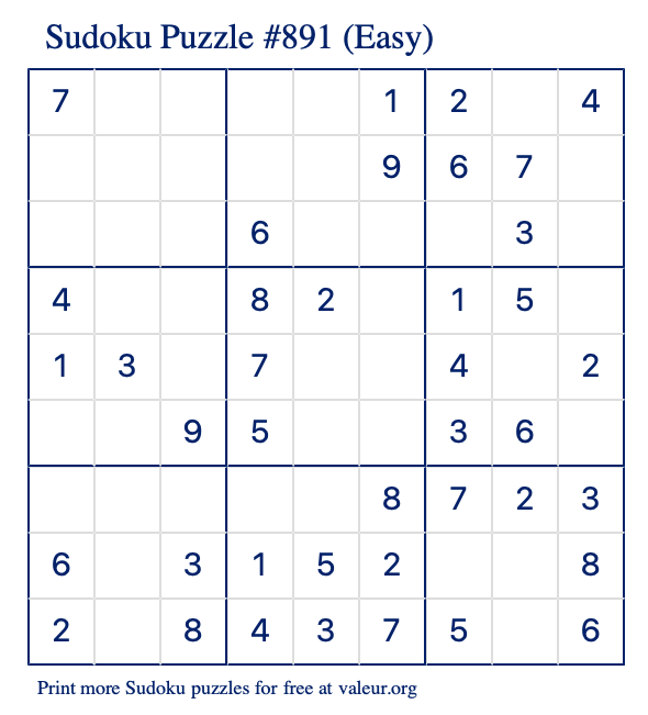 Free Printable Easy Sudoku Puzzle number 891