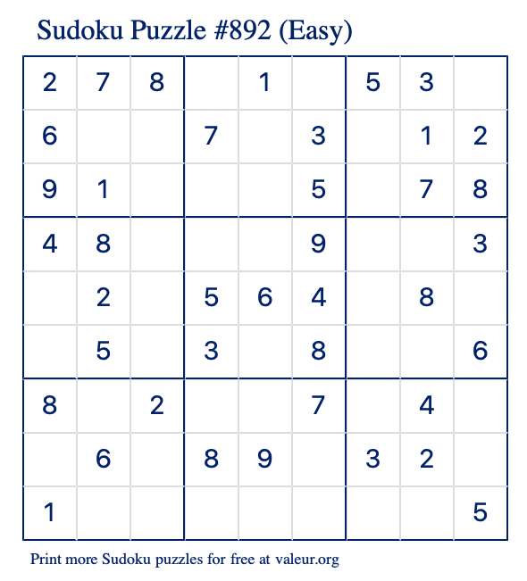 Free Printable Easy Sudoku Puzzle number 892