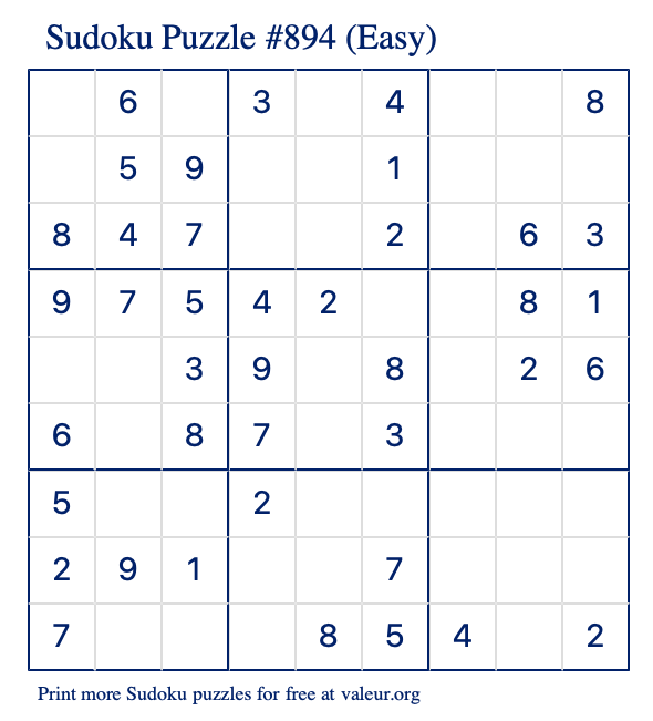 Free Printable Easy Sudoku Puzzle number 894