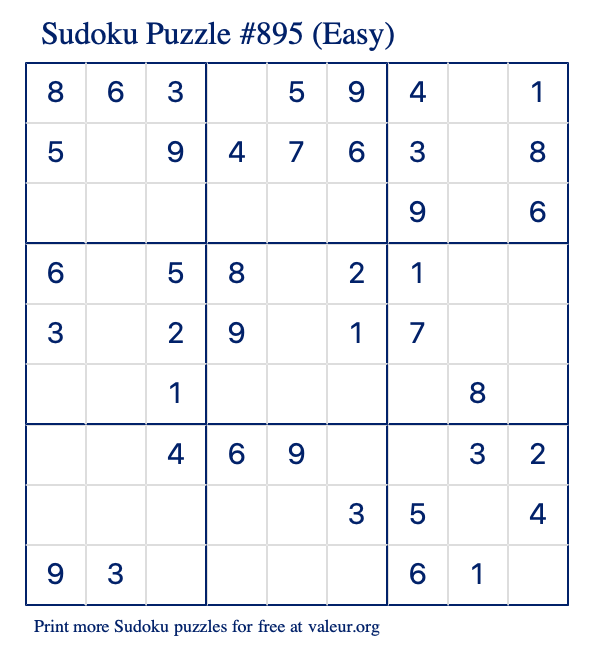 Free Printable Easy Sudoku Puzzle number 895