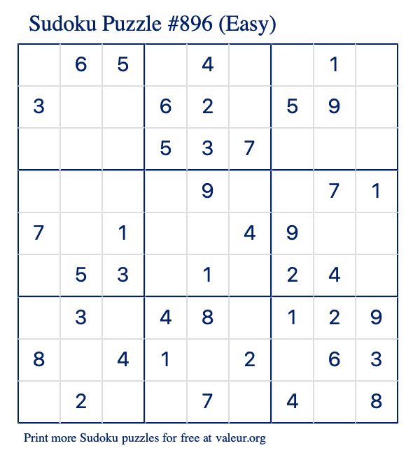 Free Printable Easy Sudoku Puzzle number 896