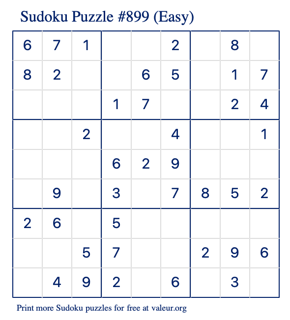 Free Printable Easy Sudoku Puzzle number 899