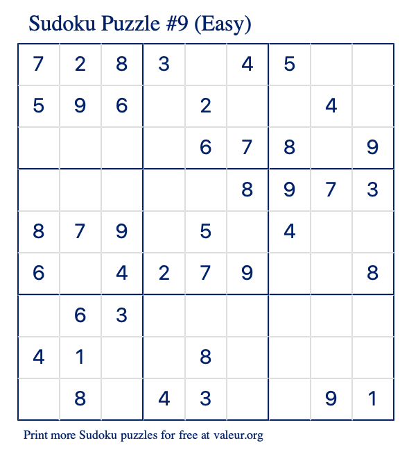 Free Printable Easy Sudoku Puzzle number 9