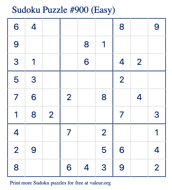 Free Printable Easy Sudoku Puzzle number 900