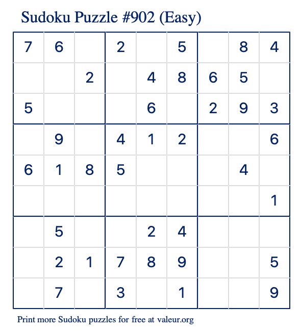 Free Printable Easy Sudoku Puzzle number 902
