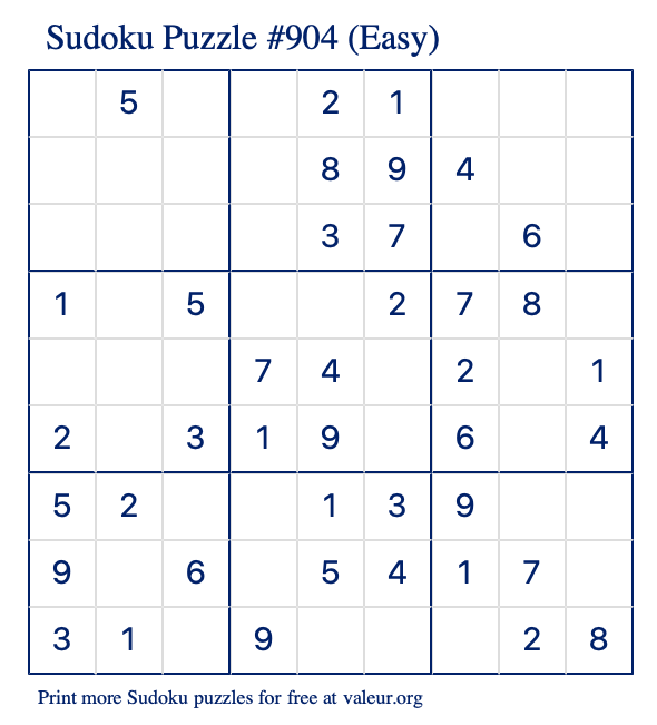 Free Printable Easy Sudoku Puzzle number 904