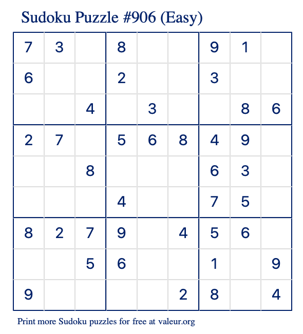 Free Printable Easy Sudoku Puzzle number 906