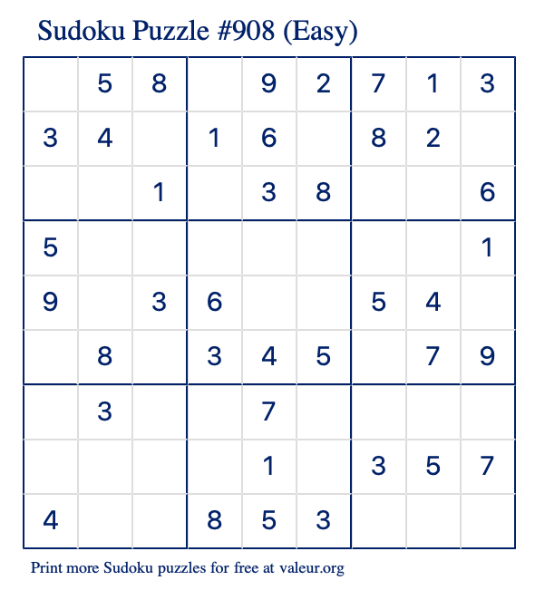 Free Printable Easy Sudoku Puzzle number 908