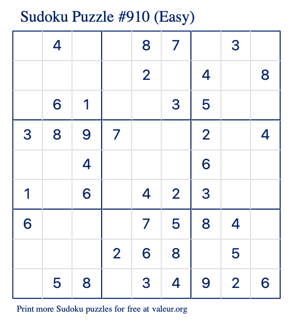 Free Printable Easy Sudoku Puzzle number 910