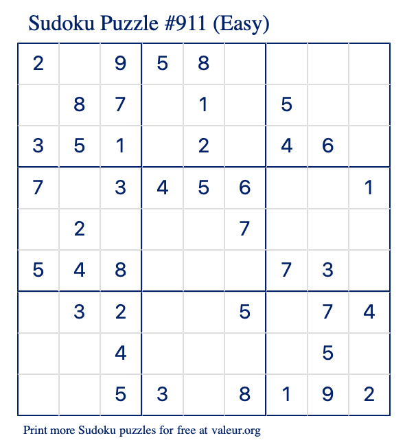 Free Printable Easy Sudoku Puzzle number 911