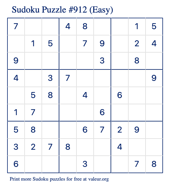 Free Printable Easy Sudoku Puzzle number 912