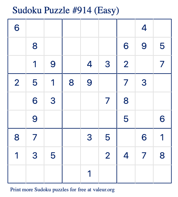 Free Printable Easy Sudoku Puzzle number 914