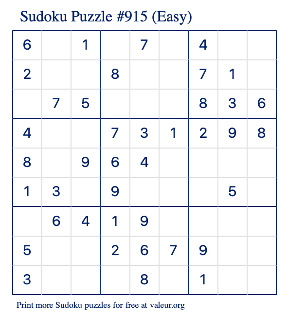Free Printable Easy Sudoku Puzzle number 915