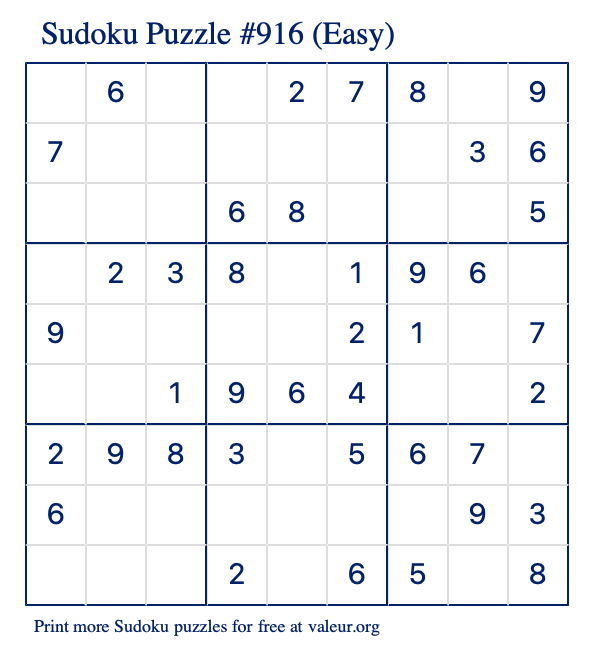 Free Printable Easy Sudoku Puzzle number 916