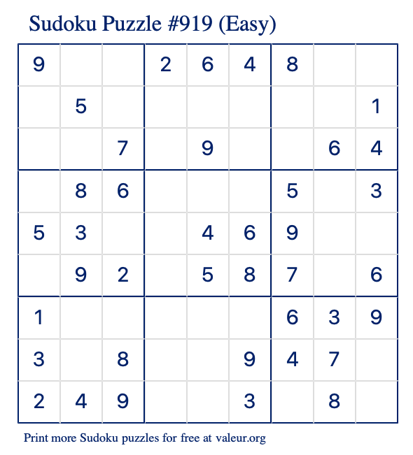 Free Printable Easy Sudoku Puzzle number 919