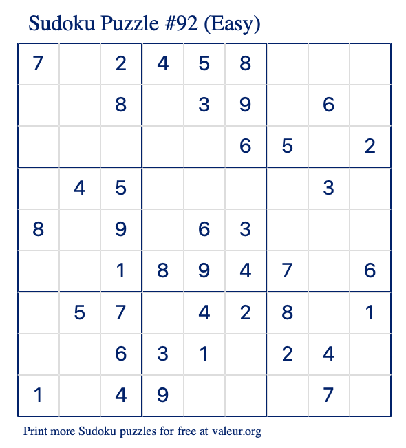 Free Printable Easy Sudoku Puzzle number 92