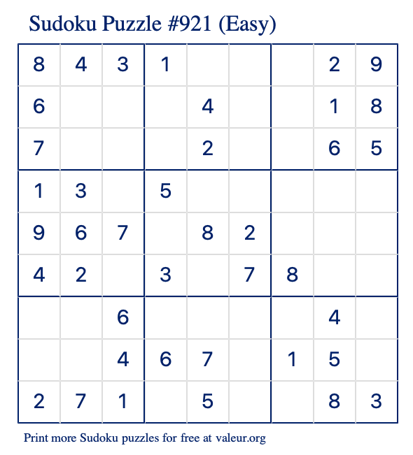 Free Printable Easy Sudoku Puzzle number 921
