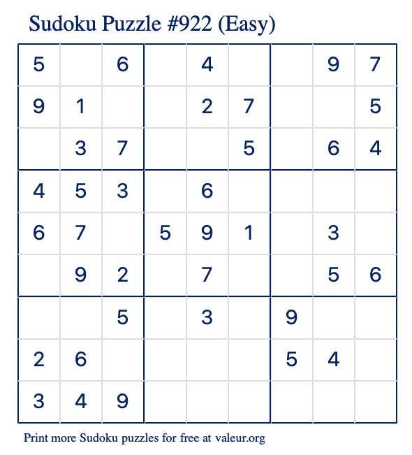 Free Printable Easy Sudoku Puzzle number 922
