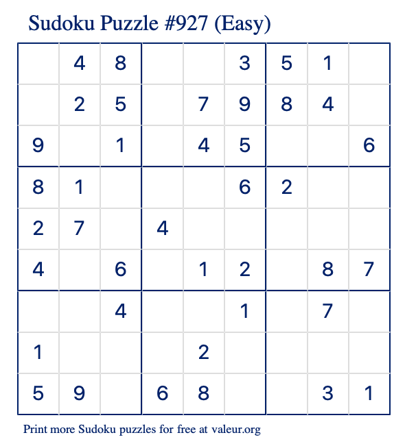 Free Printable Easy Sudoku Puzzle number 927