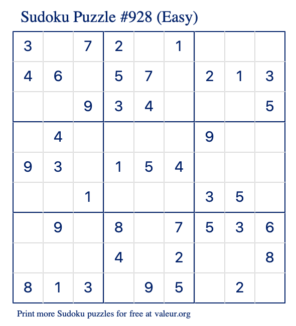 Free Printable Easy Sudoku Puzzle number 928