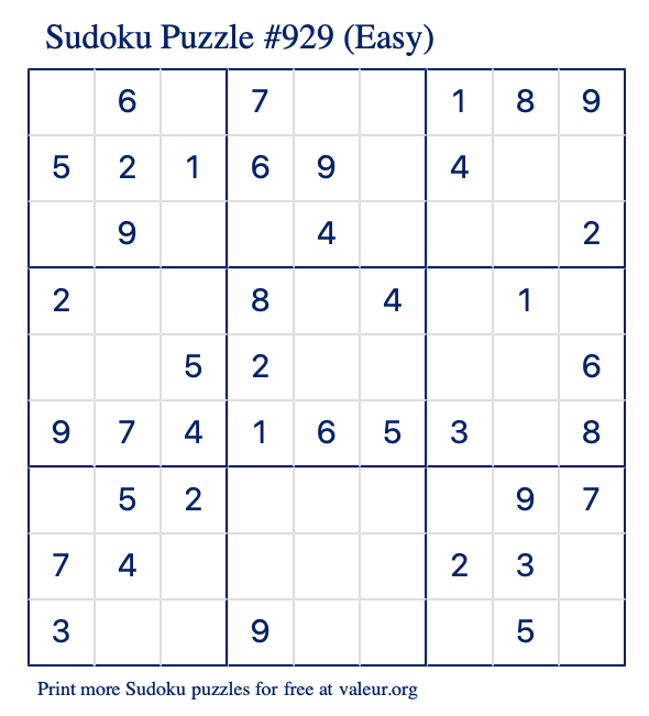 Free Printable Easy Sudoku Puzzle number 929
