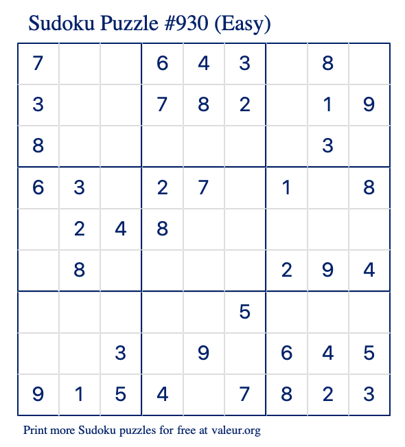 Free Printable Easy Sudoku Puzzle number 930