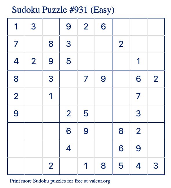 free printable easy sudoku with the answer 931