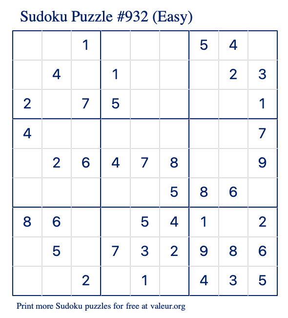Free Printable Easy Sudoku Puzzle number 932