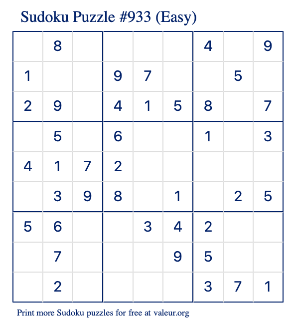 Free Printable Easy Sudoku Puzzle number 933