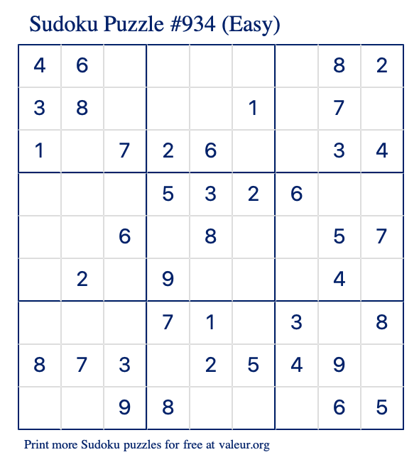 Free Printable Easy Sudoku Puzzle number 934