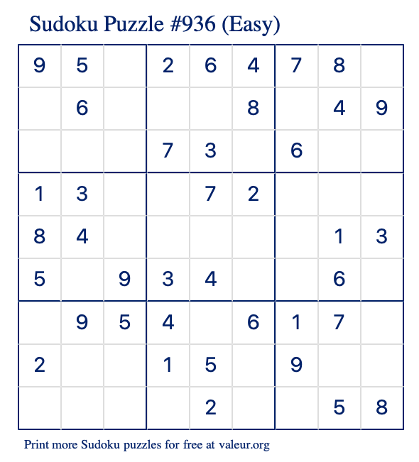 Free Printable Easy Sudoku Puzzle number 936